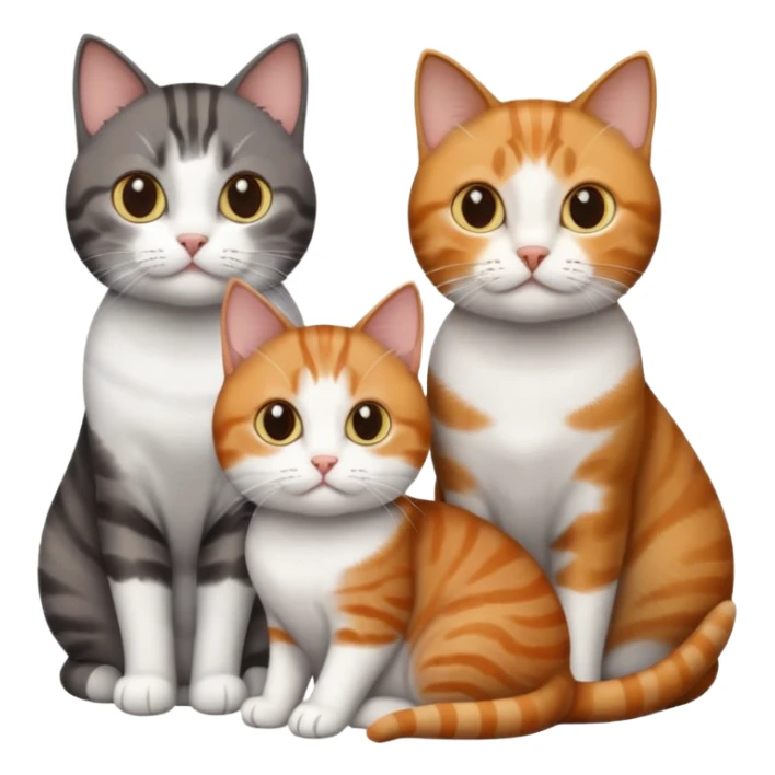 3 different coloured short haired cats including; a dark brown tabby and white cat, and a dark grey and white and a ginger and white sticker