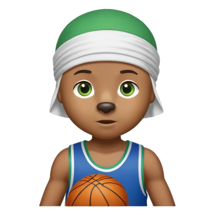 Brown bear with friendly expression and green eyes, white durag on head, blue basketball jersey visible up to shoulders, showing upper body, iOS emoji style sticker