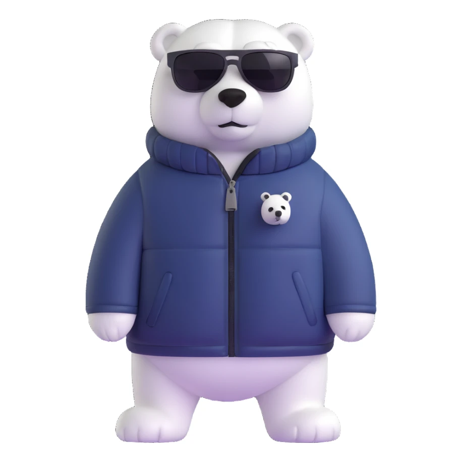 polar bear wearing a white puffer jacket and sunglasses sticker