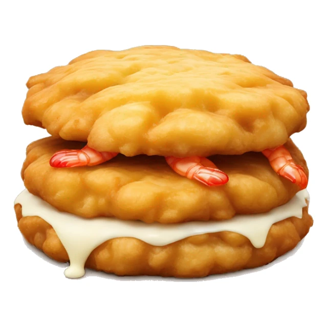 A round, golden-brown fritter, crispy on the outside, soft yellow inside with creamy filling. Topped with small reddish shrimp, it’s vibrant and rich in texture sticker
