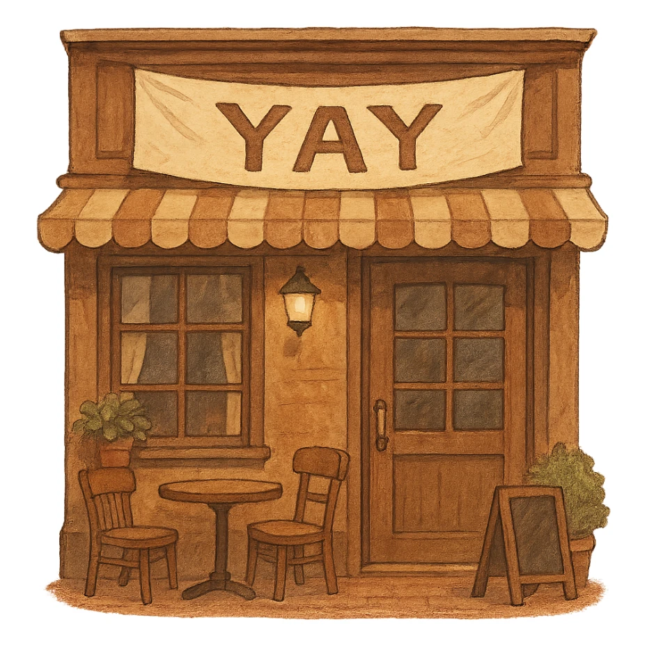 cozy brown café storefront with a soft “YAY” banner, warm hand-drawn tones sticker