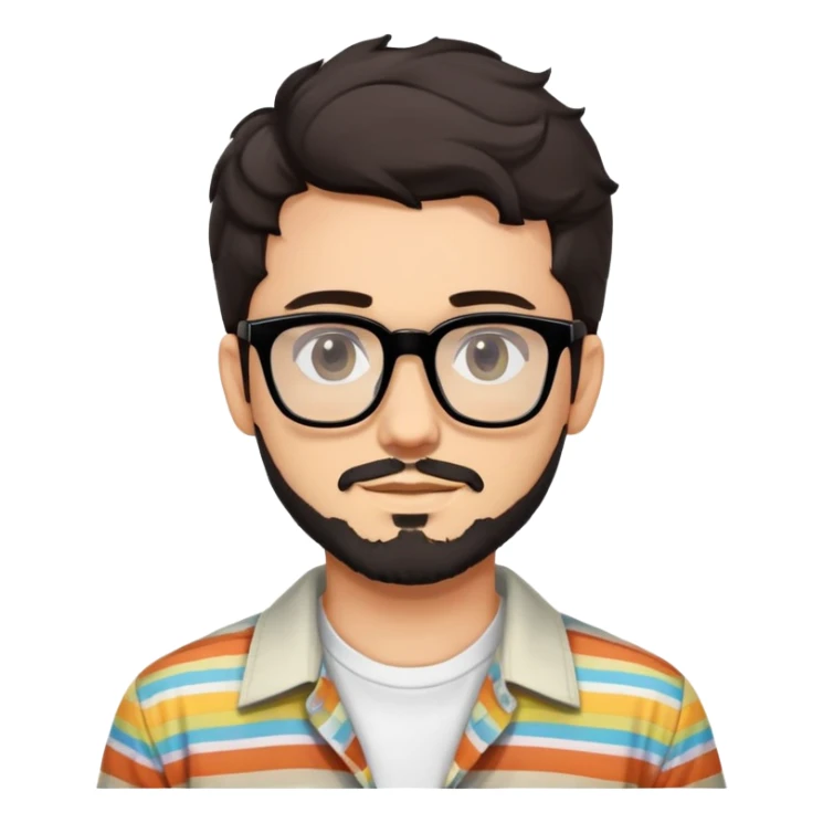 young adult man with light skin, short beard, dark wavy hair, relaxed expression, very wide rectangular glasses with thick black acetate frame and thick double bridge, retro oversized style, colorful open shirt and white t-shirt sticker