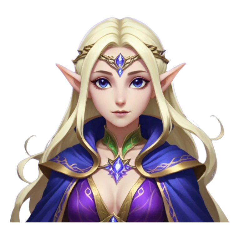 Cinematic Realistic WoW Elf Mage Portrait, head tilted epicly and inquisitively, showcasing a commanding presence and graceful arcane power. Her luminous, porcelain-like skin and delicate features, framed by an intricately detailed robe in deep blues and purples with golden accents, are rendered with lifelike clarity and dramatic, mystical lighting, high shine, epic and awe-inspiring, embodying the timeless magic of an elven mage poised to reshape destiny. sticker