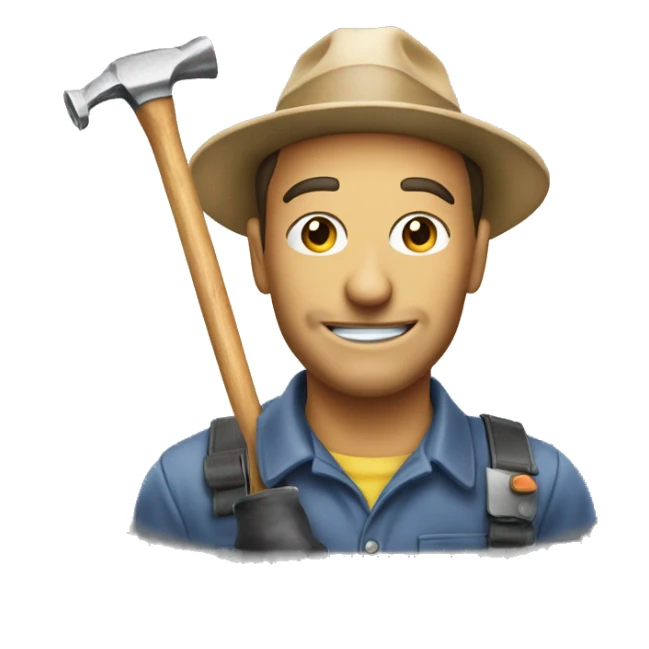 Photo of a man with a hat on fixing a car with a hammer sticker