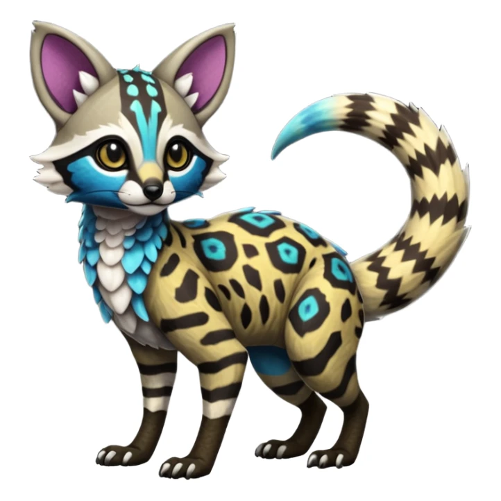 Rare realistic tropical exotic cute epic pretty beautiful handsome gorgeous aesthetic colorful vibrant Vernid-Protogen-Primagen-Wickerbeast-Genet-Trico-species-Fakemon-hybrid-creature by LiLaiRa, beautiful intricate markings, full body sticker