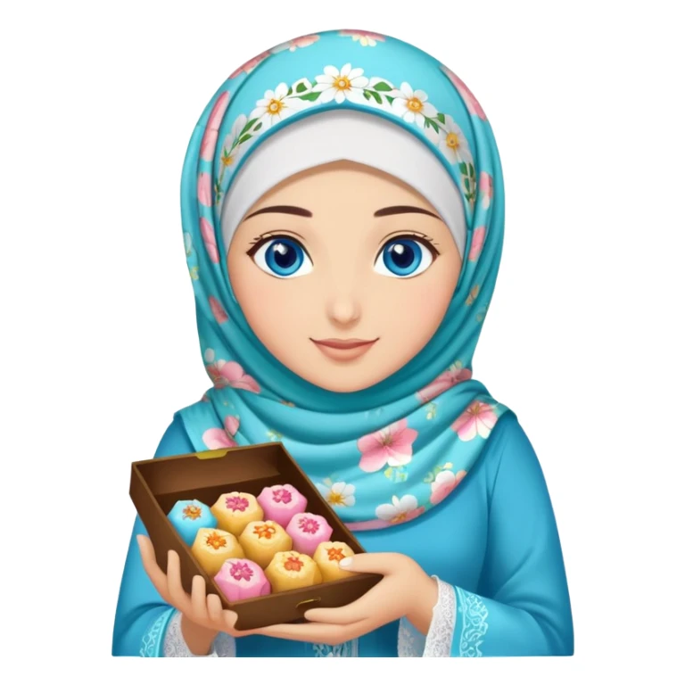 Turkish beautiful finish Konya girl blue eyes with lilies floral hijab islamic dress and had on her hand text Eid Mubarak with sweets and celebrating with her friends eid days   sticker