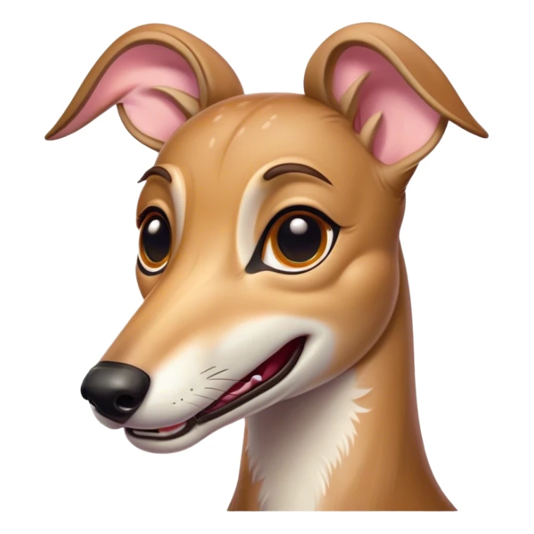 Cinematic Comical Fawn Greyhound Portrait Emoji, Head tilted dramatically with an exaggeratedly amused expression, featuring a striking fawn Fur with subtle elegance, wide, expressive eyes filled with playful disbelief, Simplified yet hilariously expressive features, highly detailed, glowing with a slightly sassy glow, high shine, dramatic yet playful, stylized with an air of cheeky charm, bright and endearing, soft glowing outline, capturing the essence of a spirited and over-the-top racer, so meme-worthy it feels like it could side-eye its way into internet fame instantly! sticker