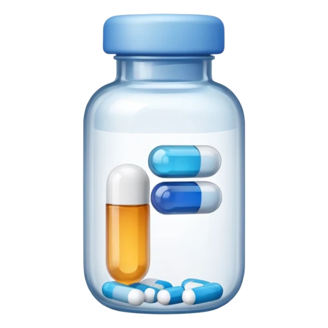 iOS-style emoji of a small medicine bottle. Rounded shape, clear label, simple clean design, smooth gradients, no background sticker