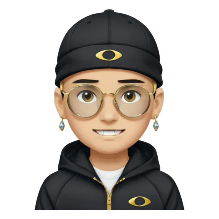 un emoji de un chico emcapuchado blanco, con gorro kalenji, dientes de oro, com uma chaqueta negra nike tech y unas gafas de oakley, con pendientes de diamante, que las gafas sean estilo cuadradas, los pendientes q no se cuelguen, que sean redondos, en las dos cejas un corte sticker