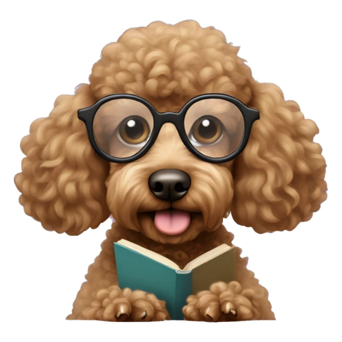 Brown poodle with wire rim glasses reading a book sticker