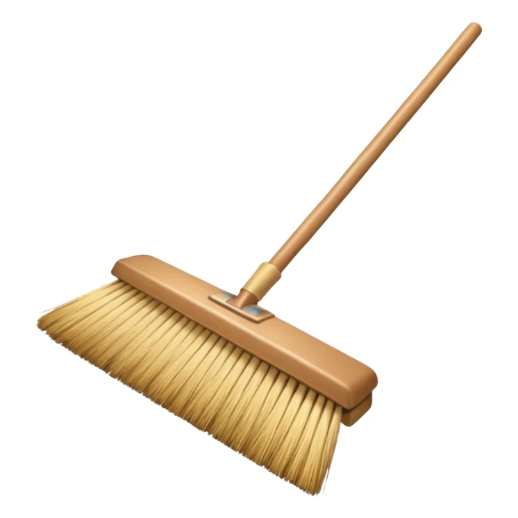 traditional broom with wooden handle on a dusty carpet, straw bristles sweeping visible dust particles, vintage household cleaning tool, 3D cartoon, mobile game icon style, centered composition, no people, no animals, no text, no watermark sticker
