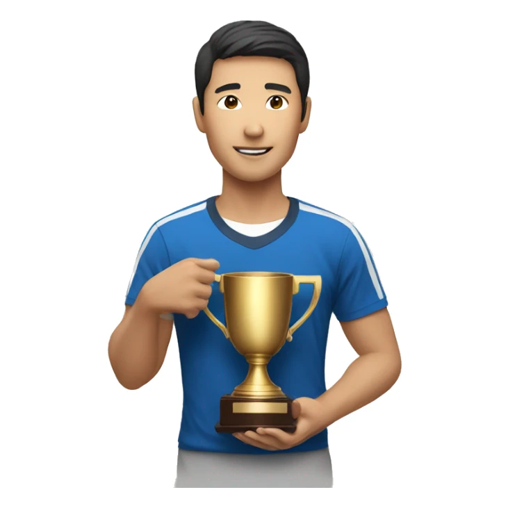 an asian man with a champion cup sticker