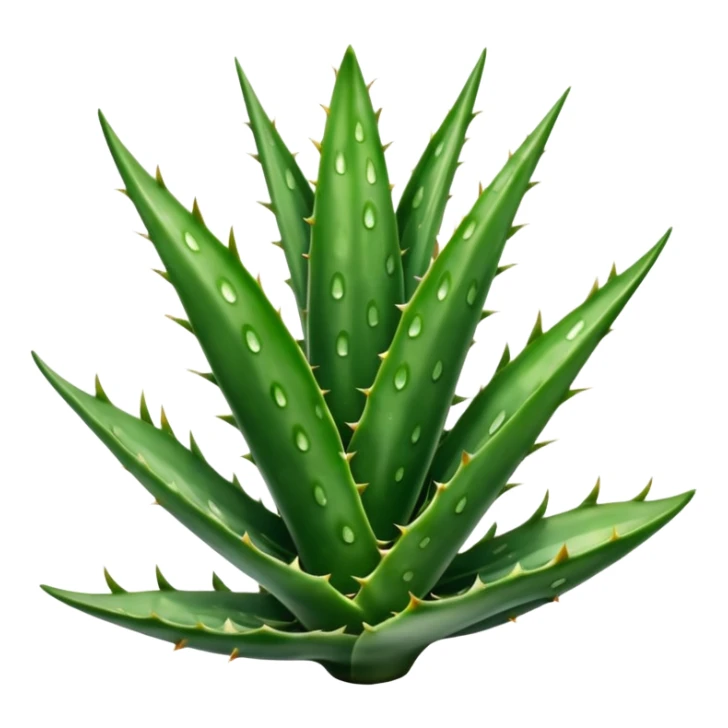 single aloe vera leaf thick fleshy deep green with lighter spots or stripes gently toothed edges long tapered slightly curved smooth waxy surface no pot no cut section soft lighting subtle shadows emoji scale sticker