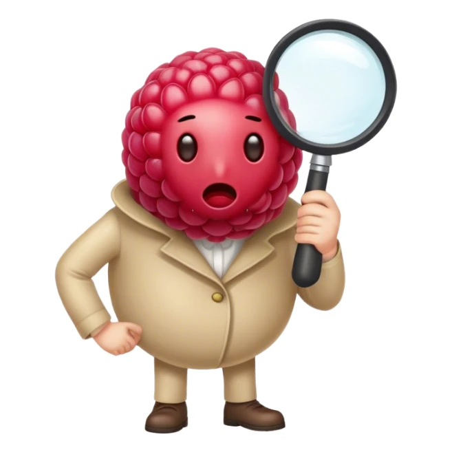 A faceless raspberry holding a magnifiyng glass, no face, no eyes, no mouth, no body  sticker