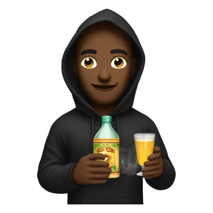 God wearing a black hoodie holding a cup and a tequila bottle sticker
