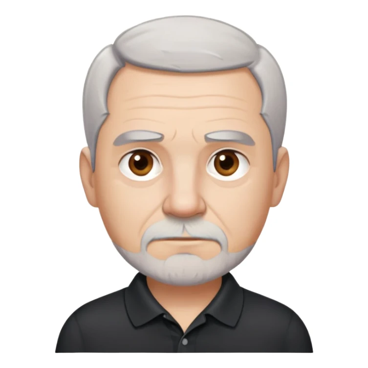 Charismatic older man in his late 50s with light skin, round face with wide features, expressive dark brown eyes, thick slightly arched eyebrows, short white-gray hair with receding hairline, gray scruff beard, neutral-serious expression, wearing black polo shirt sticker