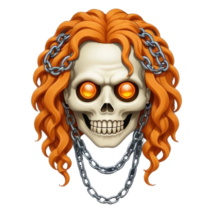 steam punk Megadeth - pin-head corpse made of rusty metal with chains on its teeth, huge curly orange hair sticker