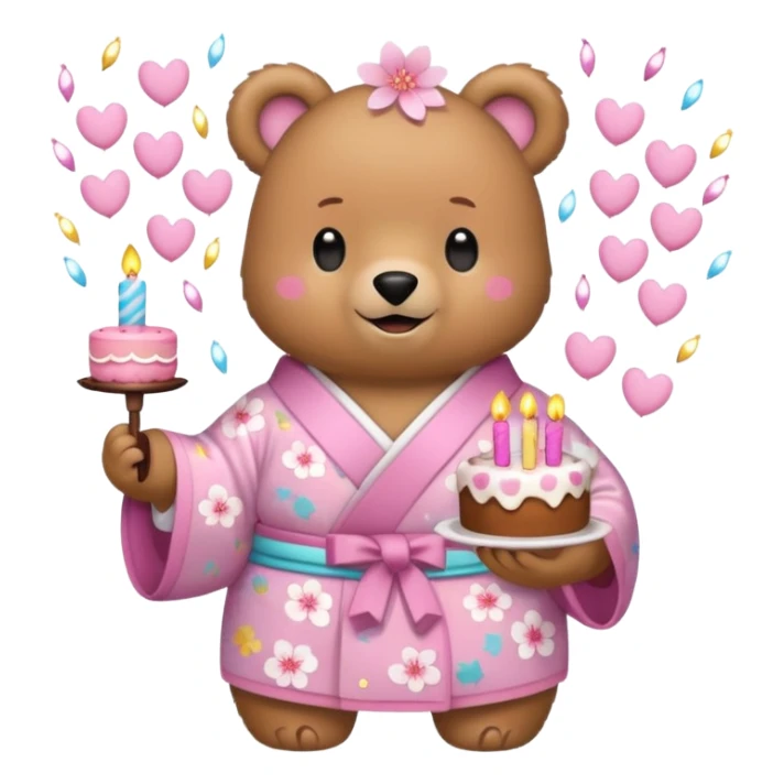 A cute light-brown bear wearing a pastel pink sakura-patterned kimono, normal balanced body ratio.  
Holding a small birthday cake with candles, smiling brightly with confetti and spark effects around.  
Kawaii emoji style, minimalistic clean sticker illustration, white background. sticker