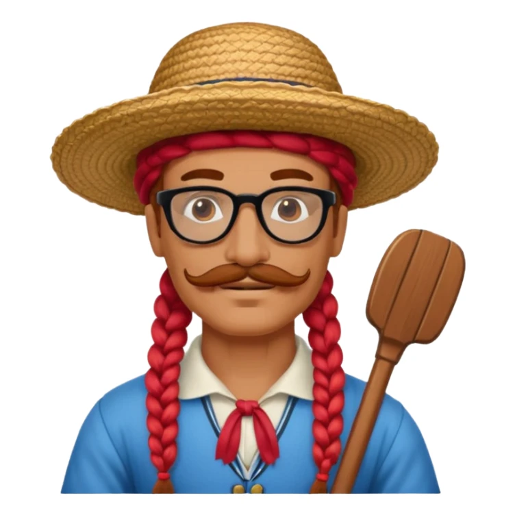 venice gondolier with long red braided hair, iconic hat, normal glassess and mustache sticker
