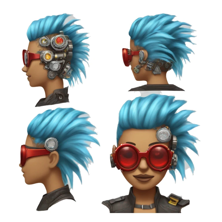 Light blue Mohawk hair female cyborg head with red steampunk goggles and circuits sticker