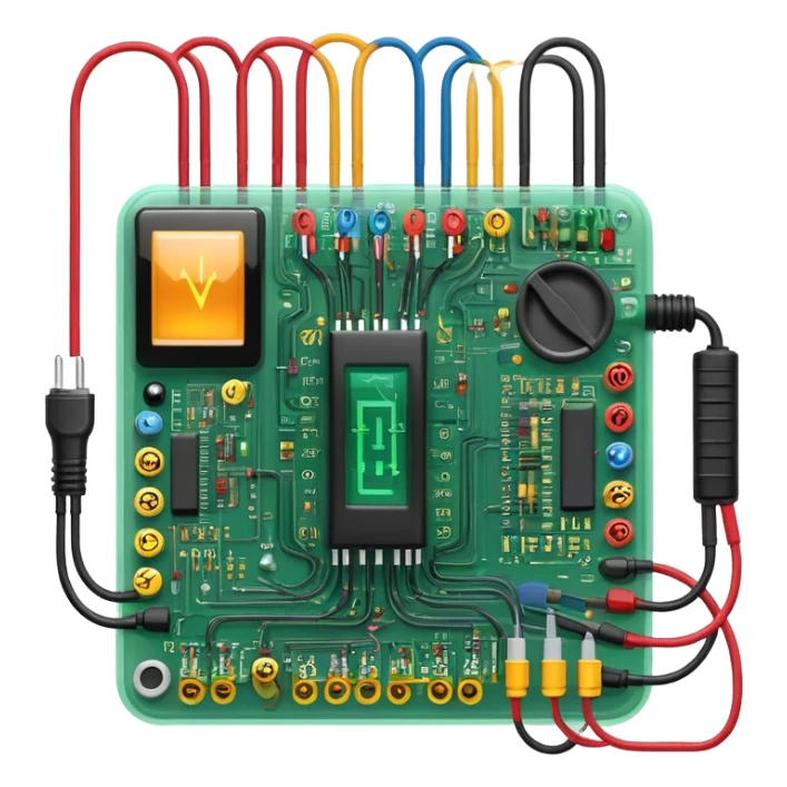 An icon featuring circuit boards, glowing wires, and a multimeter, symbolizing electrical engineering. The design includes voltage symbols and electric currents flowing through components, representing the study and application of electricity. Transparent background sticker