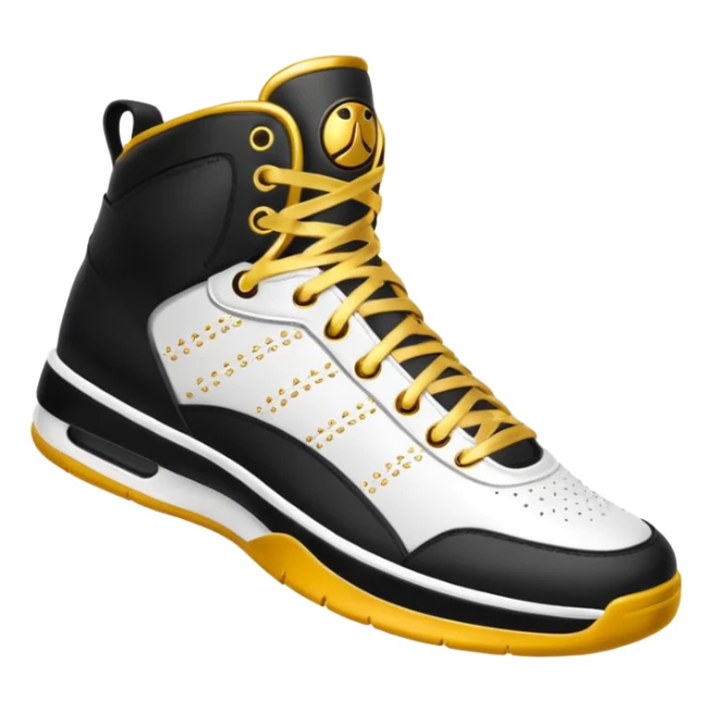 a basketball shoe with gold laces sticker