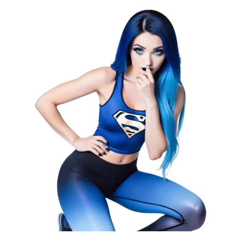 Shameful-head tilted-texting on phone-very very very large upper body-sexy face-bending forward at waist-very long very straight dark blue to light blue ombre hair-and-blue eyes-thick black eyeliner-thick long eyelashes-iridescent blue lowcut tanktop with black leggings with glitter superman logo sticker