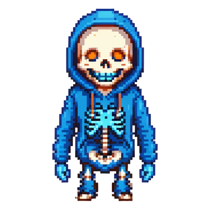 Sans from Undertale with glowing blue eye, skeleton with permanent grin, wearing blue hoodie sticker