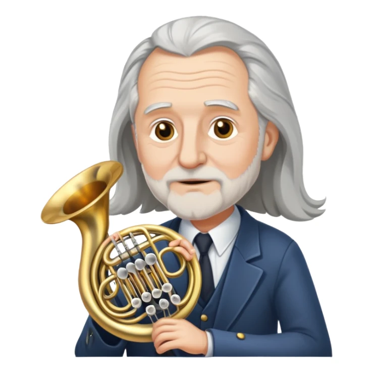 Old white guy with long gray hair a French horn sticker
