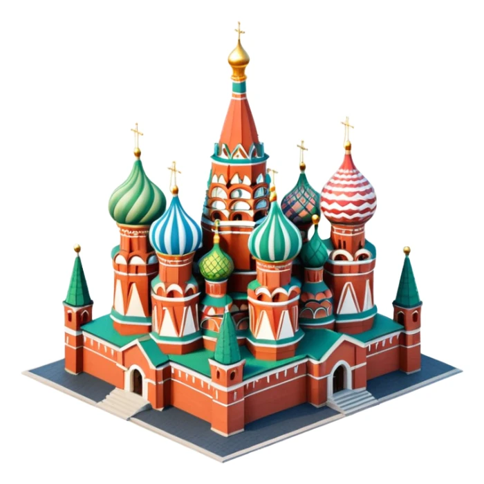 Isometric illustration of Moscow, featuring Saint Basil's Cathedral with colorful onion domes, hand-drawn painterly details, subtle texture on bricks and roofs, realistic shadows and soft lighting, muted yet vivid color palette, diorama miniature effect. sticker