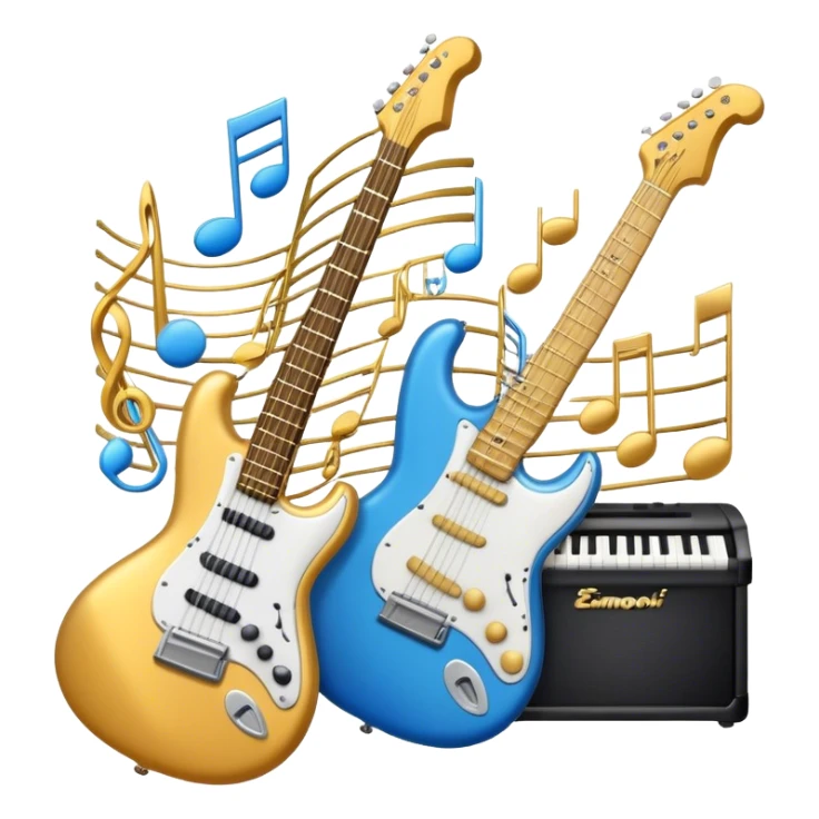 Create an elegant and dynamic emoji that represents music arrangement and orchestration. The design should feature musical notes, a synthesizer, drums, and an electric guitar, symbolizing the diverse instruments used in arranging and orchestrating music. Incorporate flowing lines to represent harmony and rhythm, with a subtle representation of sheet music. Use a combination of vibrant and classic colors like electric blue, gold, and silver, blending the electronic and traditional aspects of arrangement. The background should be transparent. sticker