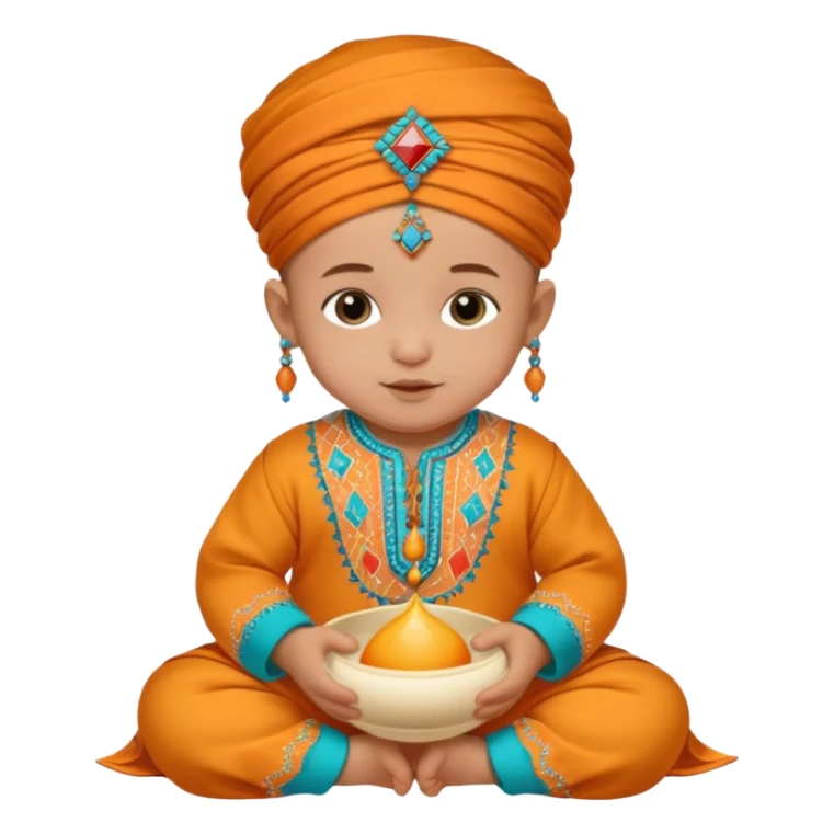  baby, dressed in colorful ghalibiya with delicate decorations, and a traditional Moroccan terbuka sticker