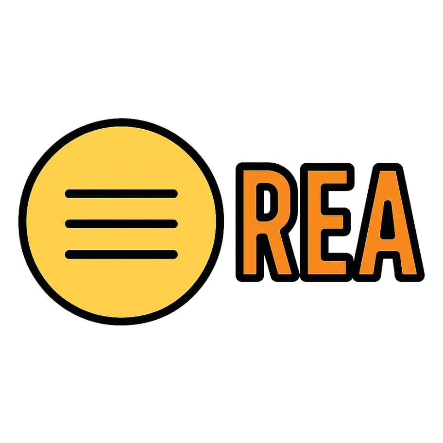 emoji with three grey horizontal lines as a symbol, and the word 'REA' in bold orange uppercase letters next to it, clean and modern style sticker