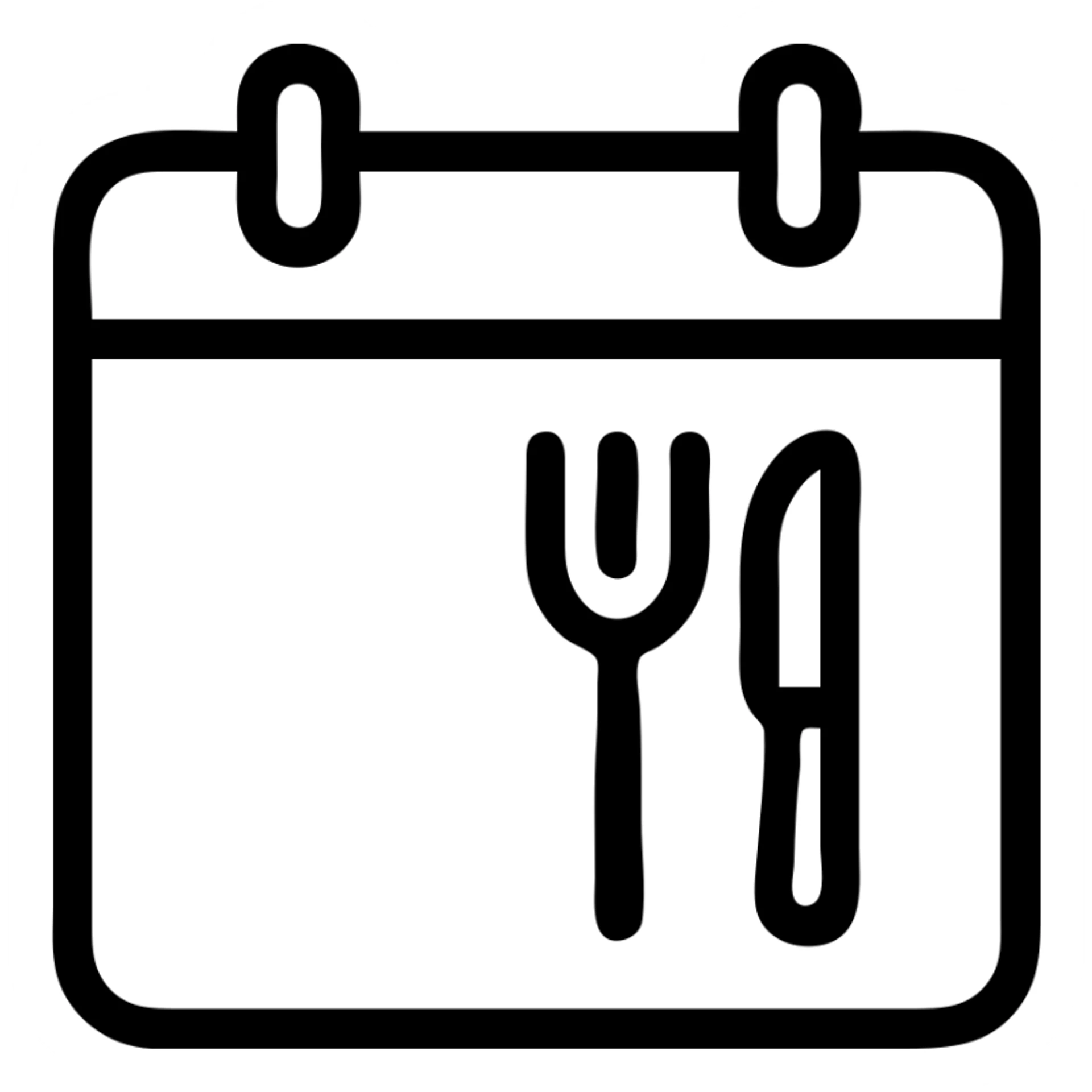 minimalistic bold black-and-white icon, square, flat, no gradients, calendar with a fork and knife in the top right corner inside, clean geometric lines, modern, inspired by Netflix and Lifesum, vector style, suitable for dark and light mode sticker