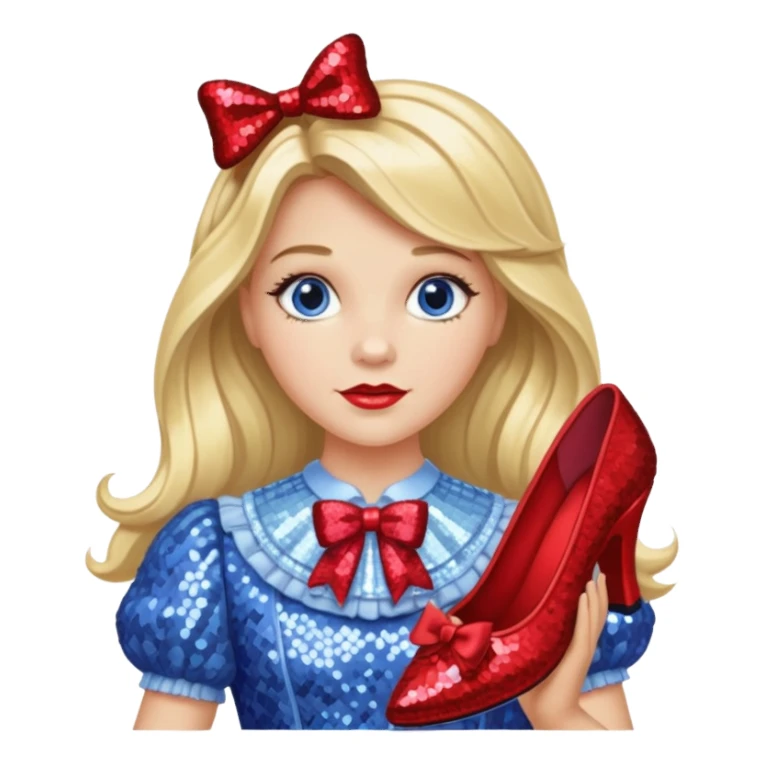 Dorothy Gale from Oz with long blonde hair, periwinkle sequin outfit, red bow sticker
