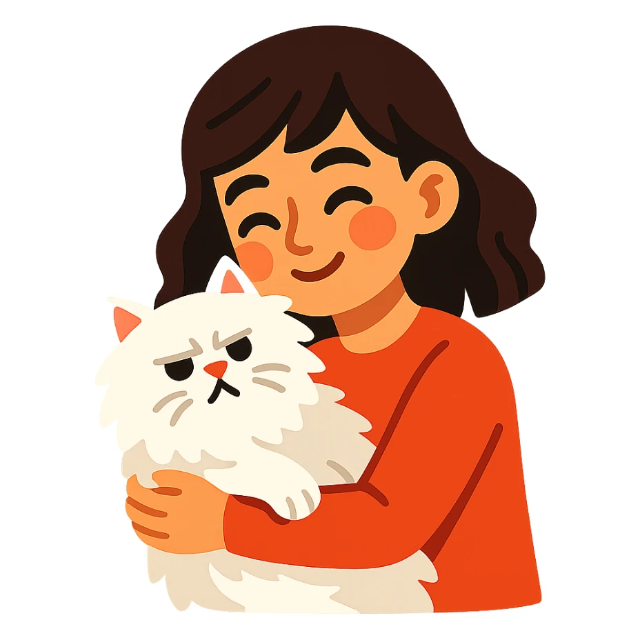 brunette girl snuggling white Persian cat sticker