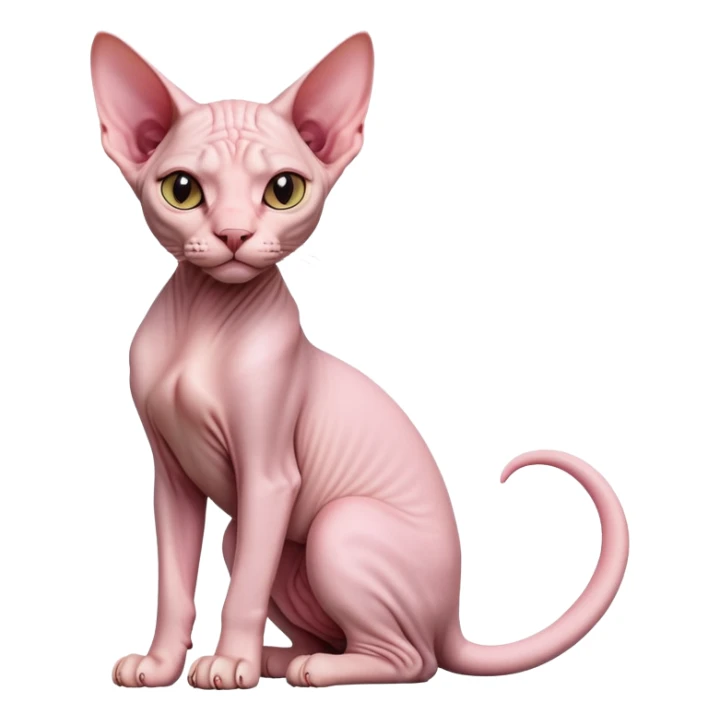 cinematic-[sphynx cat]-realistic-full-body-sitting-emoji,-tail-curled-playfully-around-its-paws,-head-tilted-dramatically,-sleek-[pink]-skin,-simplified-yet-realistic-focused-features,-highly-detailed,-glowing-with-an-almost-sarcastic-glow sticker