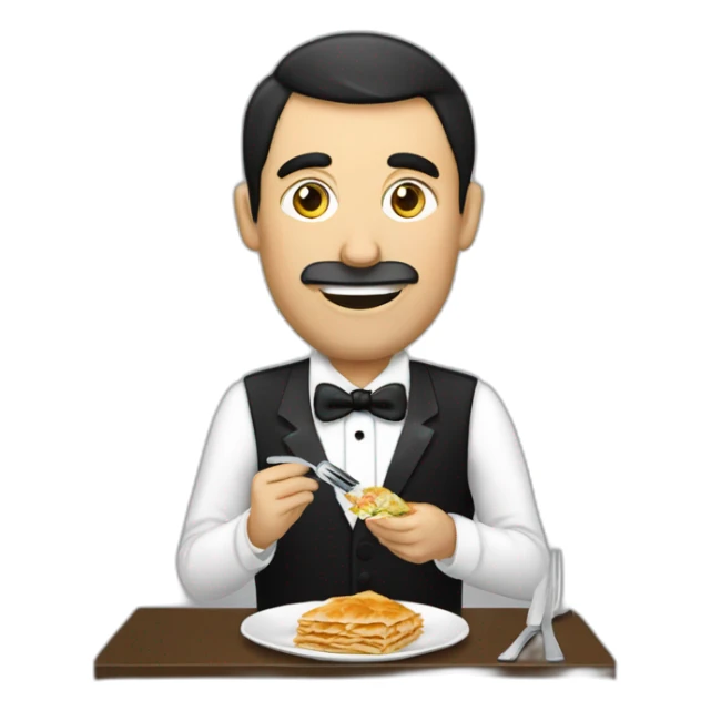 Man eating bosnian meal called Burek with fork and knife while wearing a tuxedo sticker