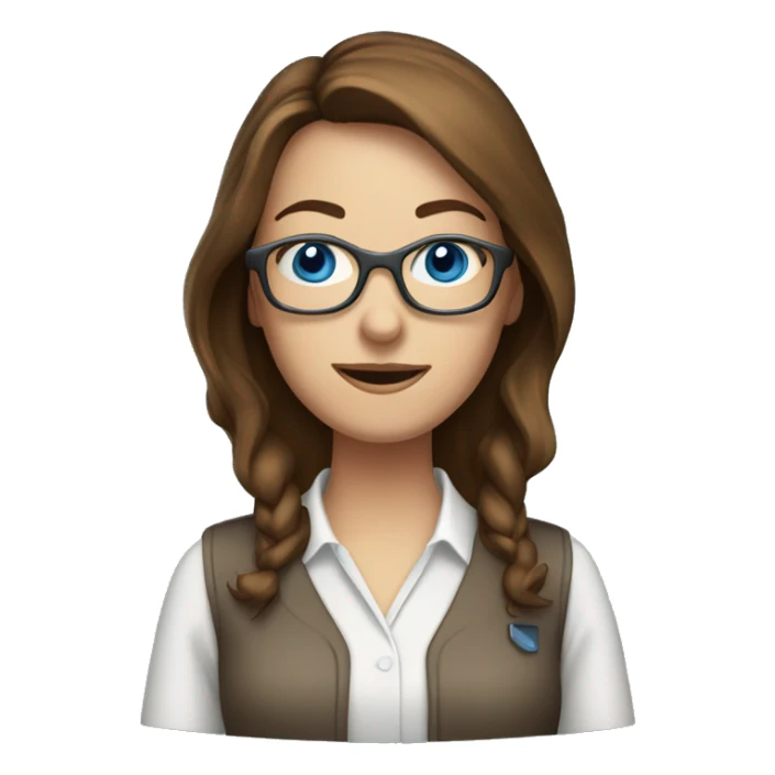 woman with brown hair blue eyes, glasses and a compter tech sticker