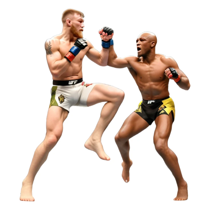 An MMA showdown between Conor McGregor and Anderson Silva in the octagon. McGregor is executing a jumping strike, while Silva skillfully deflects the attack. The background shows the UFC octagon with roaring fans and vibrant energy. Transparent background. sticker