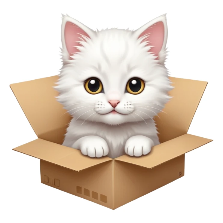  A very cute white young kitten cat with one's head tilted to one side poked its paws out of the cardboard big box and placed them on top of it sticker