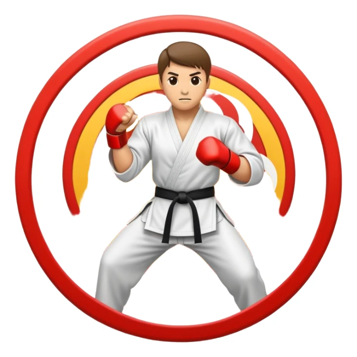 An emblem-style emoji symbolizing striking martial arts. The design features a stylized fighter in a dynamic stance, delivering a powerful punch, surrounded by a circular border with traditional elements like fists and combat symbols. Bold, clean lines with contrasting colors. sticker