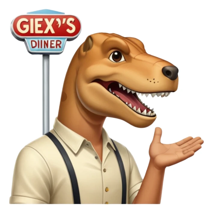 A rex from gta5 flicking on a open and close sign for rexs diner sticker