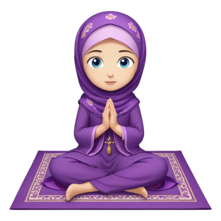 Turkish beautiful finish Konya girl blue eyes with purple flower hijab long tail dress and sits on the pray mat namaz on the ground with dua  sticker