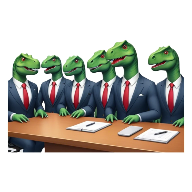 different office dinosaurs in suits sitting along the conference table sticker
