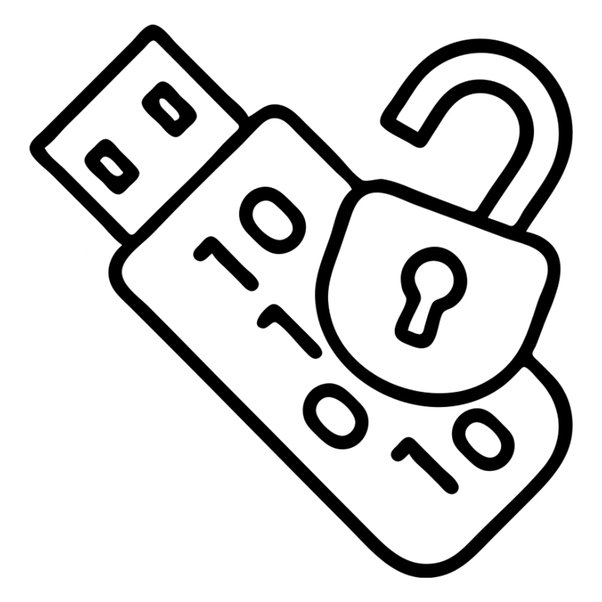 outlined icon of a USB drive and broken lock combined, tilted down-left, transparent look, gray and black, with 1s and 0s inside sticker