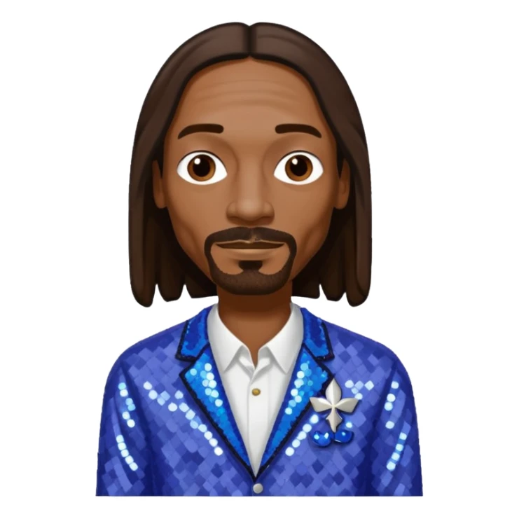 Snoop Dogg with long dark brown hair, periwinkle sequin outfit sticker
