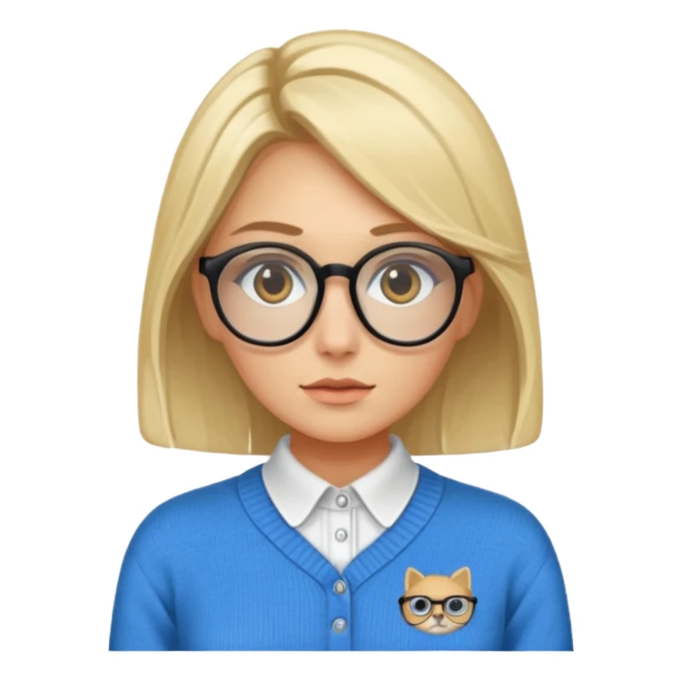 ragazza bionda vestita con camicia e maglione, con occhiali, occhi azzurri che è seduta al pc portatile sticker