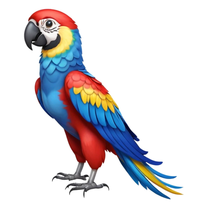 cinematic-macaw-realistic-full-body-standing-emoji,-vibrant-feathers-glowing-with-rich-reds,-blues,-and-yellows,-head-tilted-dramatically,-curved white-beak-gleaming,-piercing-dark-eyes-exuding-confidence,-simplified-yet-realistic-focused sticker