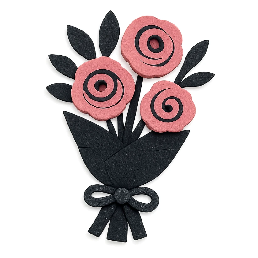 gothic bouquet, layered paper textures, handmade look, soft shadows, black and pink sticker